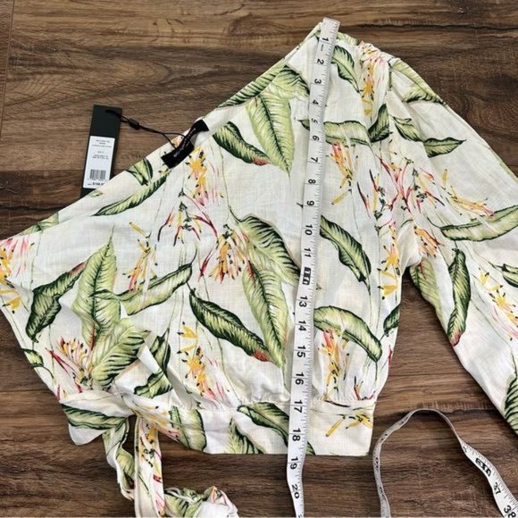 BCBGMAXAZRIA Romantic Linen blend One shoulder Belted Long Sleeve top Size L NWT - Picture 13 of 14